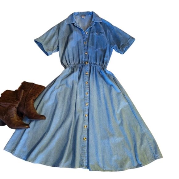 VTG 90s Blue Denim Button Front Short Sleeve Jean Midi Dress SZ Medium - Picture 8 of 13